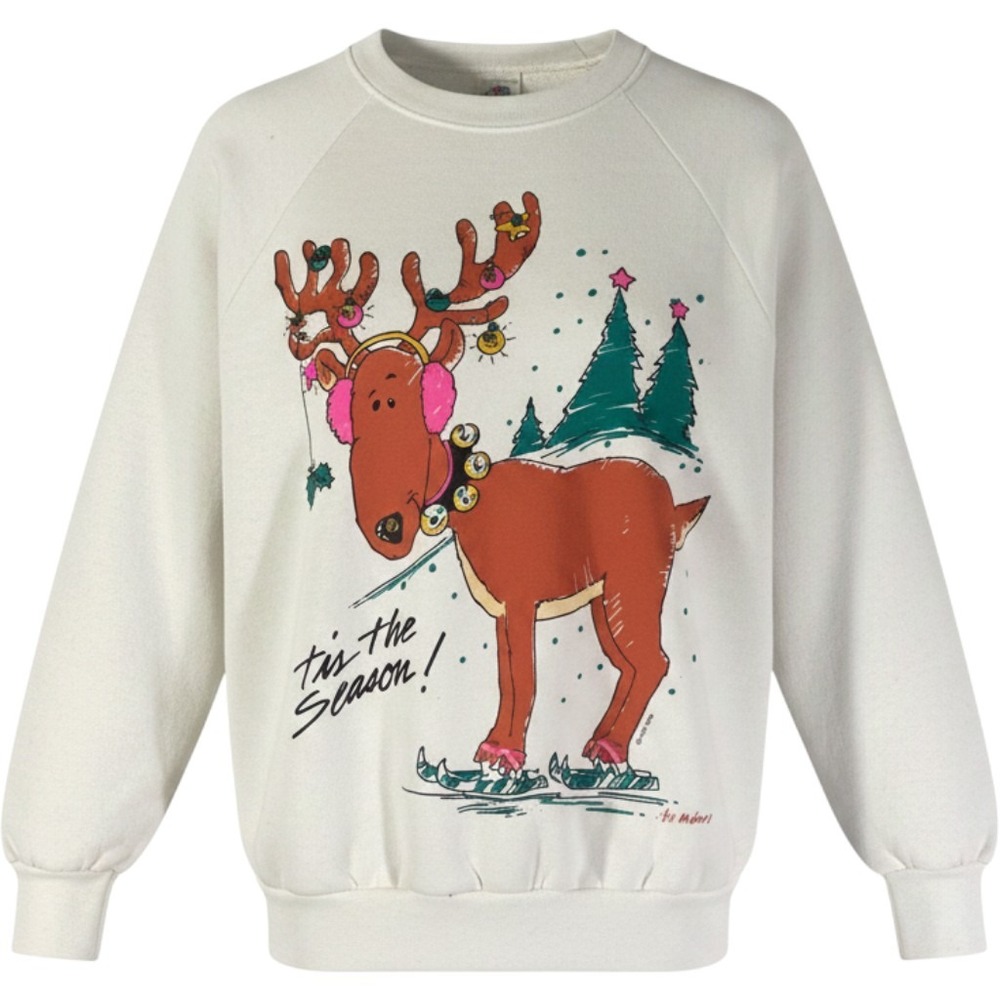 Air Waves Christmas Sweatshirt Womens L Red Tis The Season Reindeer Ski 1986 USA